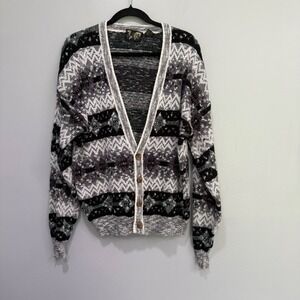 Vintage Fluid Mens XL Cardigan Sweater Geometric‎ Fair Isle Knit cobain grunge